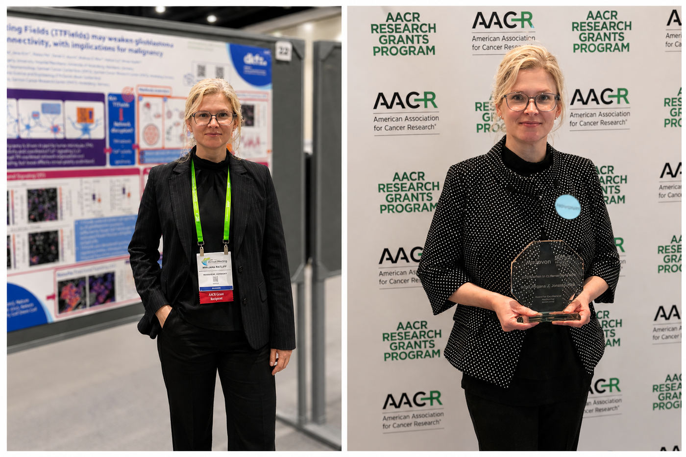 Frau mit Brille und blondem Haar in schwarzer Kleidung mit grüner Konferenzkordel steht vor wissenschaftlichem Poster und hält auf einem zweiten Bild eine gläserne Trophäe vor einer Wand mit AACR-Logos