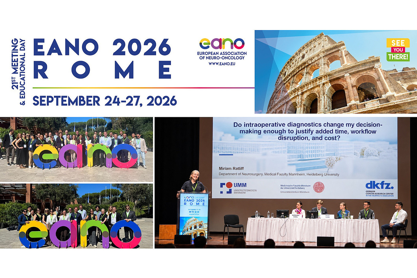 Collage mit dem Kolosseum, Gruppenfoto mit buntem EANO-Schriftzug, Vortragsszene und Podiumsdiskussion bei der EANO 2026 in Rom